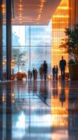 Soft evening light cascading through a modern lobby filled with shadows and reflections near tall glass windows photo
