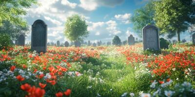 Lush graveyard adorned with vibrant flowers under a clear blue sky in springtime photo