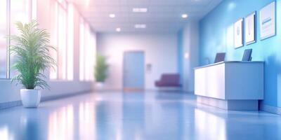 Modern reception area with bright lighting and sleek design welcomes visitors in a hospital setting photo