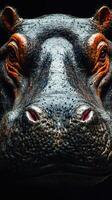 Close-up view of a hippo's face showcasing its detailed features against a dark background photo