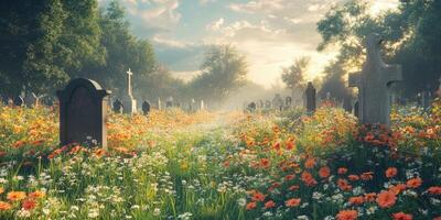 Flowers bloom in a serene cemetery during late afternoon with cross-shaped tombstones and soft sunlight filtering through trees photo
