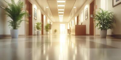 Brightly lit corridor with plants and reception area in a modern building during daytime photo