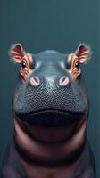 Close-up of a hippo with detailed textures and calm expression against a solid background photo