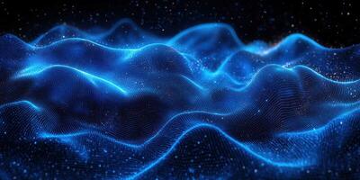 Abstract blue digital landscape depicting flowing waves of light against a dark background photo
