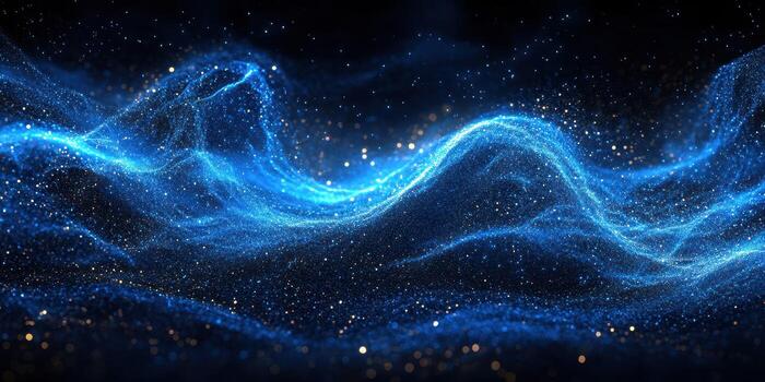 Vibrant cosmic waves illuminated by shimmering particles in a dark space photo