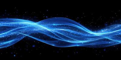 Flowing blue light waves with sparkles create a serene atmosphere in a dark background showcasing digital art photo