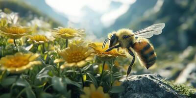 Bee collecting nectar from vibrant flowers in a sunlit meadow surrounded by mountains photo