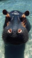 Hippo swimming in clear water during sunny day at wildlife park, showcasing its unique facial features and playful nature photo