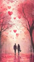 Romantic couple holding hands under trees adorned with floating hearts in a dreamy landscape during twilight photo