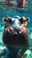 Hippo explores underwater habitat in a serene river setting during daylight photo