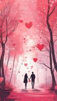 Couple walking hand in hand under floating hearts in a pink-hued forest during sunset photo