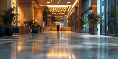 Elegant hotel lobby with polished marble floor and warm lighting in a luxurious setting photo