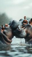 Two hippos playfully interact in a serene water environment capturing a moment of affection during the early morning light photo