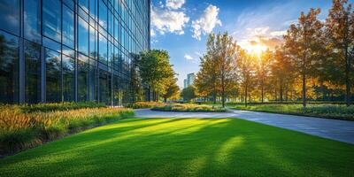 Sunny afternoon in an urban landscape with green lawn and trees reflecting in building glass photo