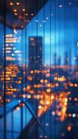 City skyline illuminated by vibrant lights at dusk viewed through glass window reflections photo