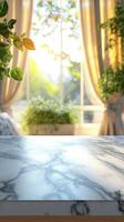 Bright room with marble countertop and sunlight streaming through curtains in a serene indoor garden setting photo