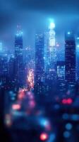 City skyline illuminated at night with glowing buildings and soft mist in the air photo