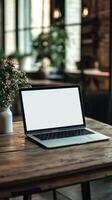 Cozy workspace with laptop and flowers in a well-lit cafe setting during daytime photo