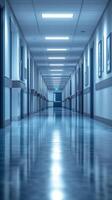 Long, empty corridor with bright lighting and polished floor in a modern building during daytime photo