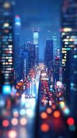 City skyline at night showing vibrant lights, busy streets, and towering skyscrapers in an urban setting photo