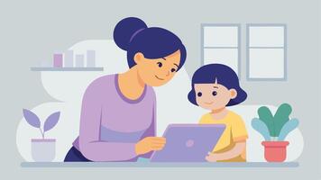 Flat Illustration Showing Mother and Child Immersed in a Digital Drawing Session vector