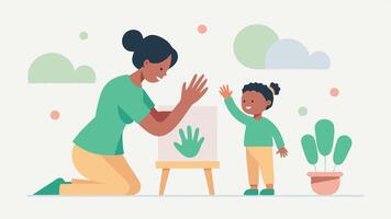 Flat Illustration Showing Mother and Child Delicately Making Handprints on a Canvas vector