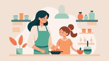 Mothers Day Flat Illustration of Mother and Daughter Attending a Modern Cooking Class vector