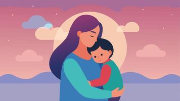 Flat Illustration Depicting a Mother Warmly Embracing Her Toddler in a Quiet Modern Setting vector