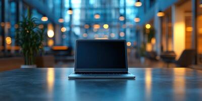 Laptop on a table in a modern co-working space during evening hours with ambient lighting photo