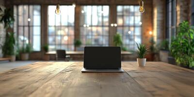 Modern workspace featuring a laptop and greenery in a spacious industrial loft during daylight photo