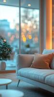 Cozy living room with modern decor and warm lighting in a city setting during twilight photo
