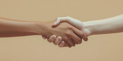 Diverse hands shake to symbolize unity and cooperation in a modern setting photo