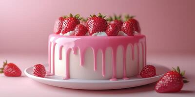 Strawberry cake with pink icing and fresh strawberries on a white plate against a pink backdrop photo