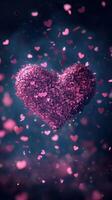 Colorful heart made of tiny hearts surrounded by pink confetti in a dreamy background photo