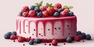Delicious cake topped with fresh berries displayed on a light background photo