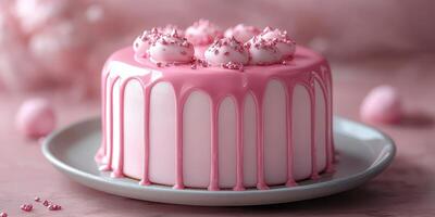 Beautiful pink cake decorated with cream and sprinkles served on a plate at a celebration party photo