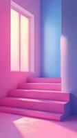 Vibrant pink and blue staircase with soft light illuminating the space during daytime hours photo
