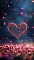 Heart shape formed by glitter and petals in a dreamy atmosphere surrounded by shimmering particles photo