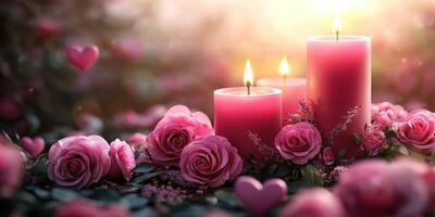 Elegant arrangement of pink roses and candles creates a romantic atmosphere during a sunset photo