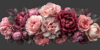 Beautiful arrangement of pink and burgundy flowers on a neutral background showcasing various floral textures and shapes photo