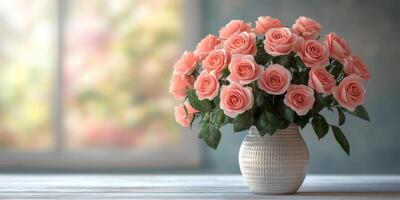 Beautiful bouquet of pink roses in a vase on a wooden table by a window photo