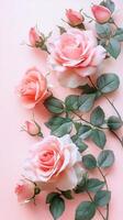 Soft pink roses arranged elegantly against a pale background showcasing their delicate beauty and lush greenery photo