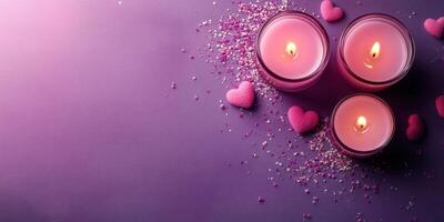 Romantic candles and heart decorations create a cozy atmosphere for a special evening photo