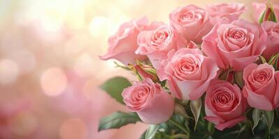 Pink roses arranged beautifully in a soft background, perfect for celebrations or romantic occasions photo
