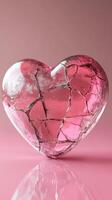 Broken heart sculpture made of glass with a pink hue resting on a reflective surface photo