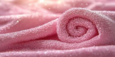 Soft pink towel elegantly rolled on a surface with sparkling light reflecting during a relaxing day at home photo