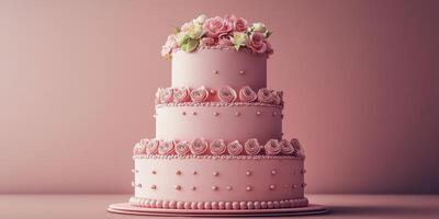 Elegant pink three-tiered cake adorned with roses and delicate decorations for special occasions photo