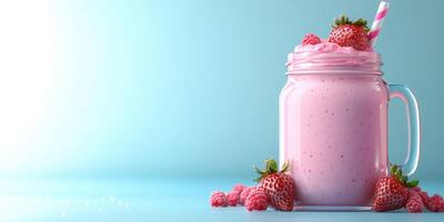 Refreshing raspberry smoothie served in a glass jar with fresh strawberries on a blue background during a sunny day photo