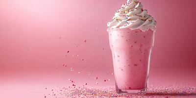 Whipped cream topped pink milkshake with sprinkles in a glass on a pastel pink background photo