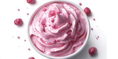 Fresh raspberry swirl dessert served in a bowl with scattered raspberries on a bright background photo